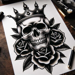 feather-skull-tattoo – tattoo design ideas free ai generated – grotesque – for-lower-leg – Gallery: skulls-inkby-ai