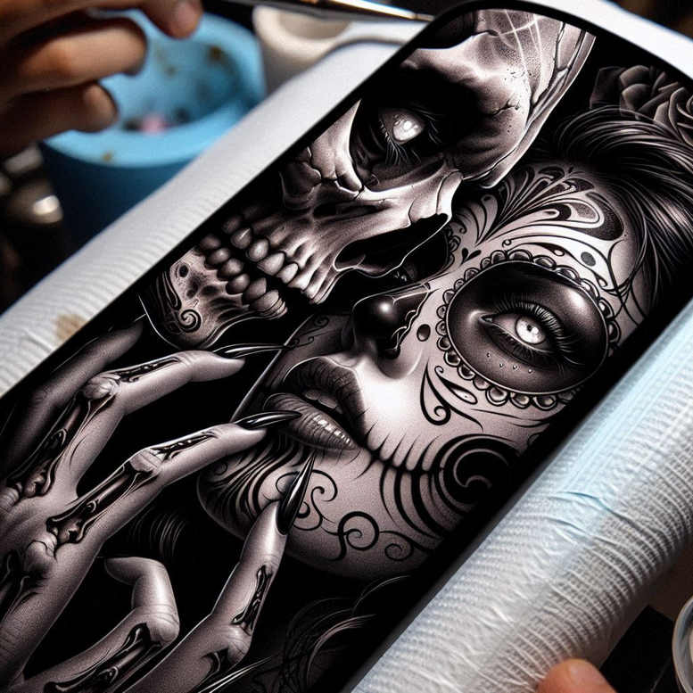 fine-line-skull-tattoo – tattoo design ideas free ai generated – haunting – for-arm – Gallery: skulls-inkby-ai