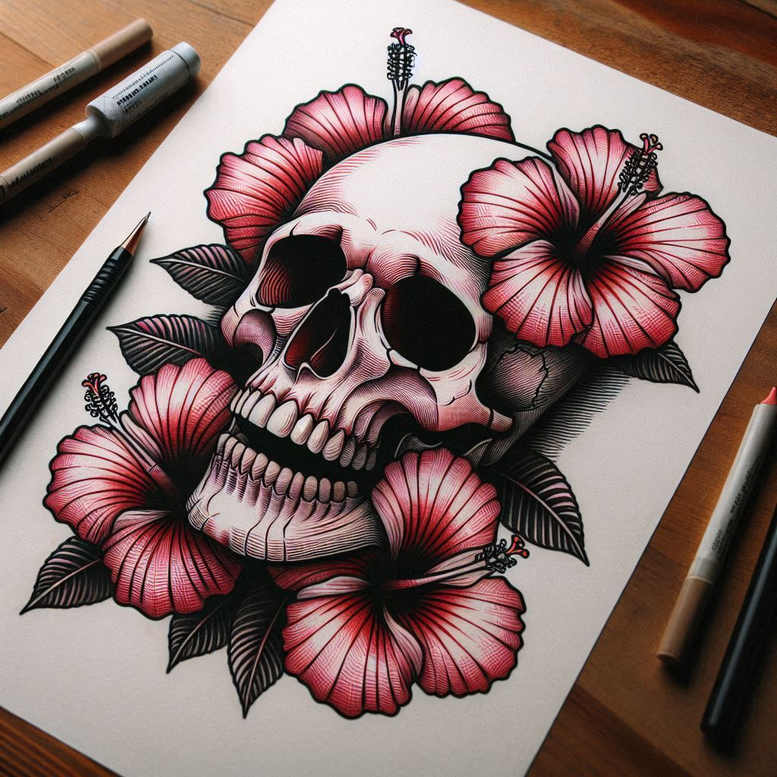 life-motif-skull-tattoo – tattoo design ideas free ai generated – moody – for-calf – Gallery: skulls-inkby-ai