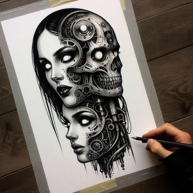 magic-motif-skull-tattoo – tattoo design ideas free ai generated – blackwork – for-lower-leg – Gallery: skulls-inkby-ai