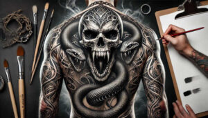 magic-motif-skull-tattoo – tattoo design ideas free ai generated – spooky – for-upper-arm – Gallery: skulls-inkby-ai