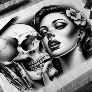 organic-line-skull-tattoo – tattoo design ideas free ai generated – haunted – for-full-back – Gallery: skulls-inkby-ai