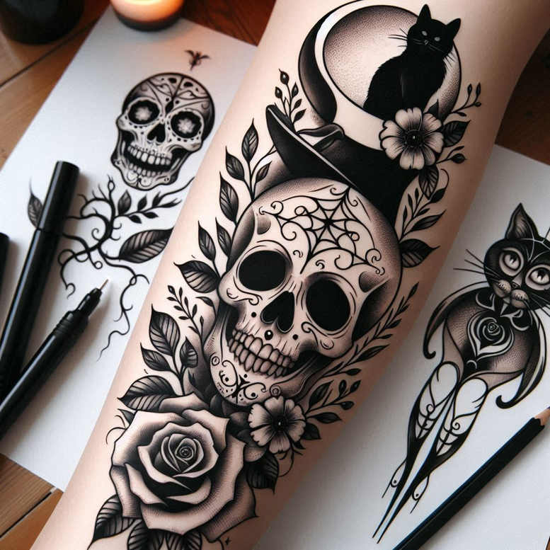 skull-tattoo – tattoo design ideas free ai generated – reflection – for-abdomen – Gallery: skulls-inkby-ai