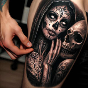 strength-motif-skull-tattoo – tattoo design ideas free ai generated – phantom – for-calf – Gallery: skulls-inkby-ai