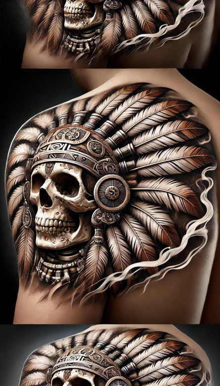 Skull with ornate headdress featuring brown and grey feathers, beaded headband, and metal ornaments on the shoulder; black and grey tattoo design project, ideal for a cover-up.