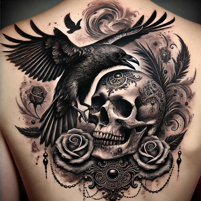 Skull, raven, and roses in black and grey with ornate filigree and chainwork; tattoo project with cover-up potential.