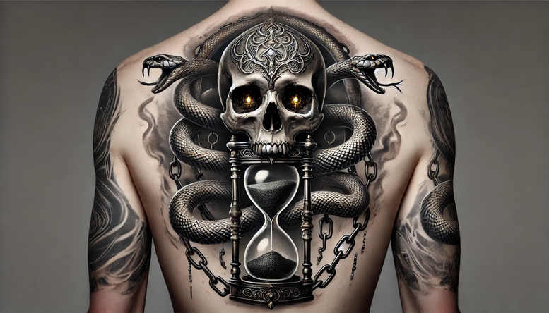 Back tattoo shows skull, snakes, hourglass, and chains in black and grey; AI-generated tattoo project; perfect cover-up.