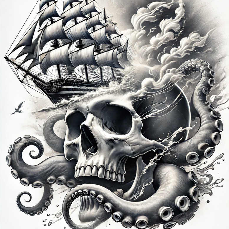 Skull with curling octopus tentacles and a sailing ship in black and grey, tattoo idea for a cover-up project.