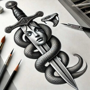 Black and grey tattoo design showing sword, snake, and a woman's face; AI-generated tattoo project concept; not a cover-up.