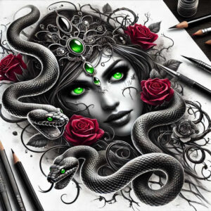 magic-symbol-snake-tattoo – tattoo design ideas free ai generated – dotwork – for-back-of-neck – Gallery: snakes-inkby-ai