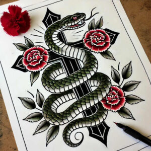 snakes tattoo design ideas Neotraditional vivid color minimal texture for stomach