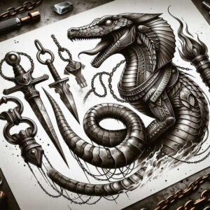wavy-line-sobek-tattoo-noir-for-shin – tattoo design ideas free ai generated – Gallery: sobek-inkby-ai