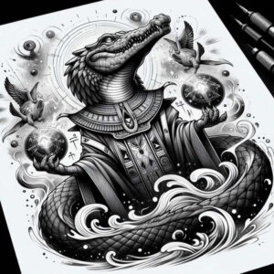 sobek tattoo design ideas Surrealism fantasy-inspired Egyptian protector symbolising determination