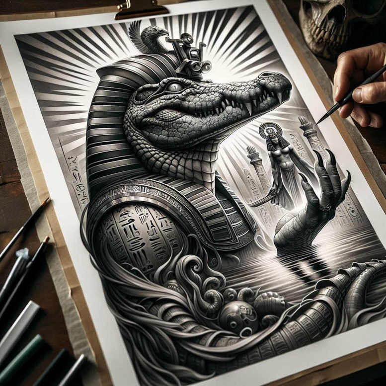 sobek tattoo design ideas Surrealism abstract forms sacred creature for calf