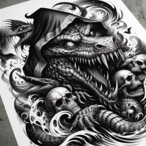 crocodile-god-tattoo-melting-for-forearm – tattoo design ideas free ai generated – Gallery: sobek-inkby-ai