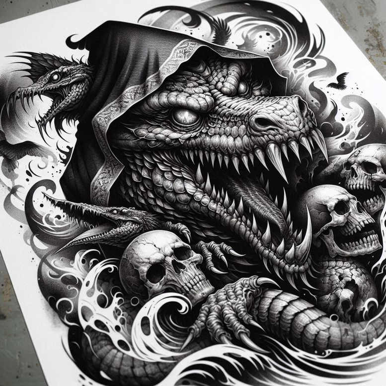 crocodile-god-tattoo-melting-for-forearm – tattoo design ideas free ai generated – Gallery: sobek-inkby-ai