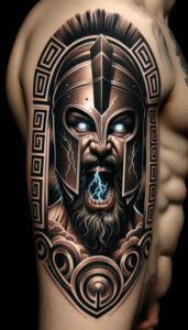 Spartan helmet on a muscular arm with beard and face, blue eyes, lightning from the mouth, Greek-key border, black and grey shading; tattoo project, cover-up ready.