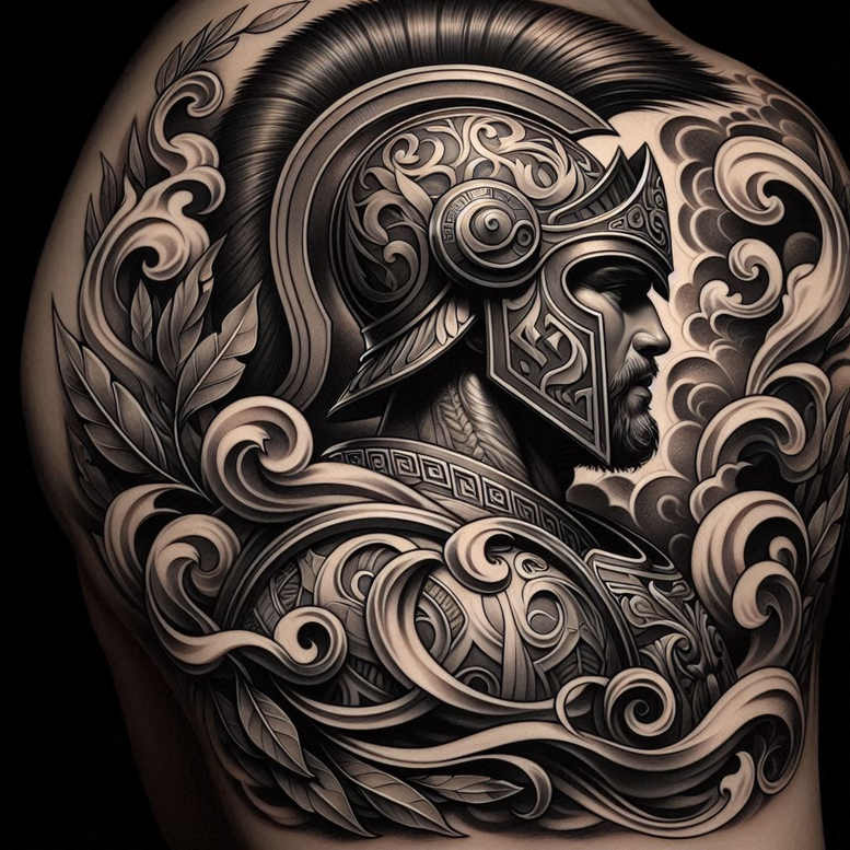 Black and grey Spartan helmet with ornate leaf and scroll motifs and cloud-like swirls; visible elements: helmet, leaf, scroll, cloud; project idea; suitable for cover-up.