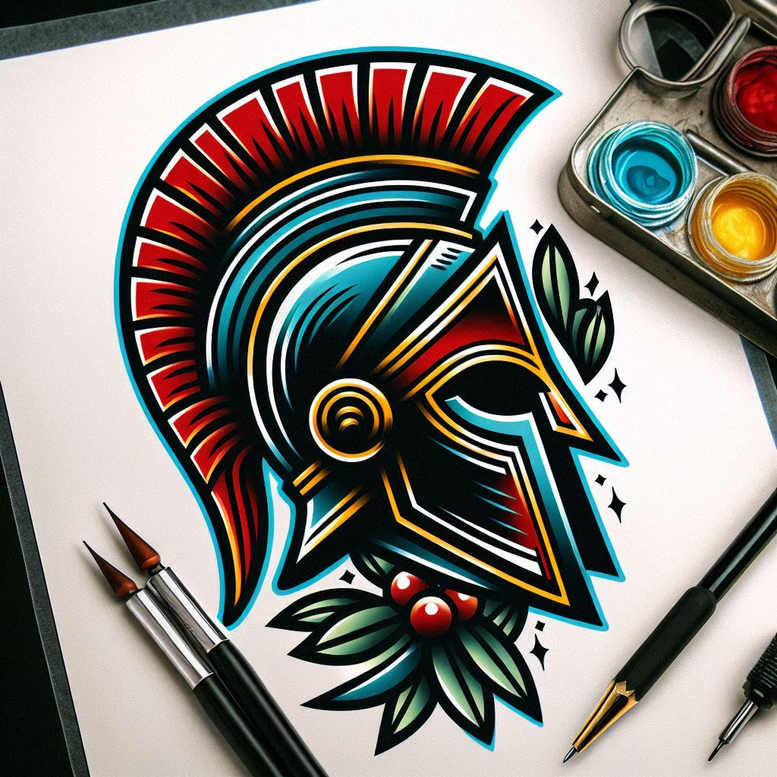Spartan helmet tattoo design with bold multicolor style featuring patterned plume and leaves; inkpots and tools visible; AI-generated tattoo project; not ideal for cover-up.