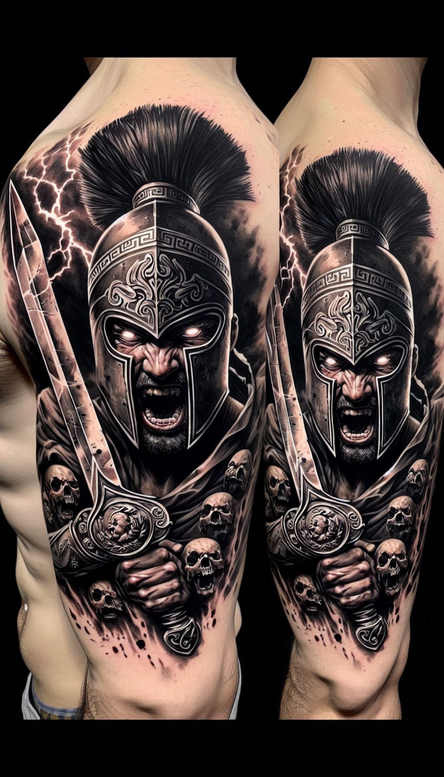 Helmet, sword, skulls, plume in black and grey; tattoo project suitable for cover-up.