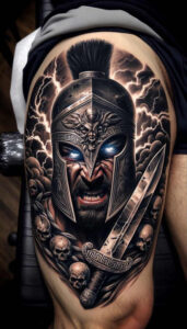 Spartan helmet with glowing blue eyes, blade, skulls, and dark clouds in black and grey; cover-up-ready tattoo project.