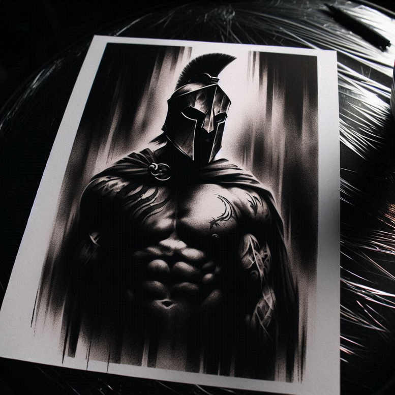 Helmet, torso, cape, and chest tattoo in black and grey; AI-generated tattoo project, ideal for a cover-up.