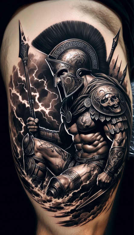 Spartan helmet with skull motif, shield, spear, and armor in black and grey; tattoo project; ideal cover-up.