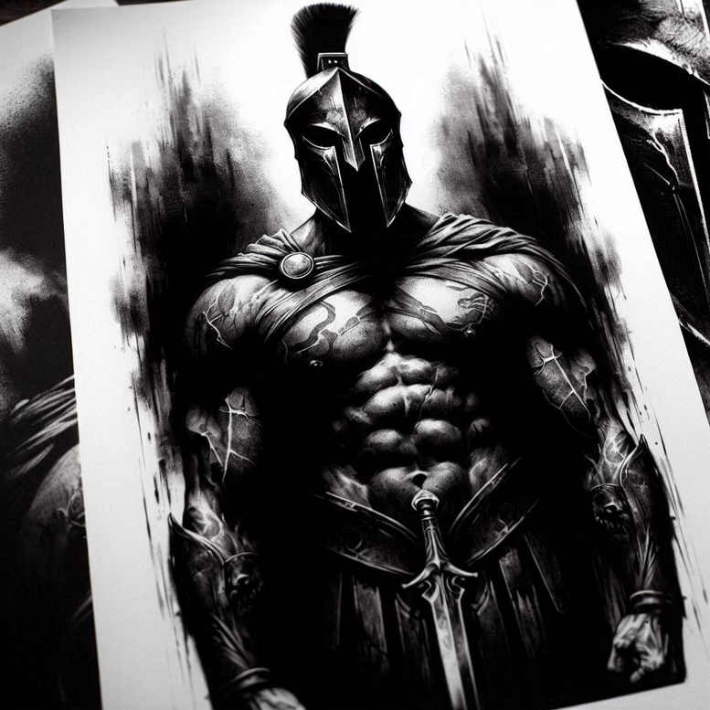 Helmet, torso armor, sword, belt, and cape in black and grey; tattoo project idea, suitable for a cover-up.