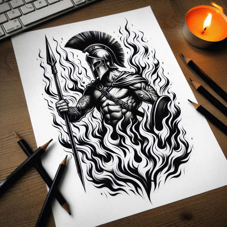 Spartan helmet, spear, shield, torso, cape, and flames in black and grey; tattoo design concept; cover-up suitable.