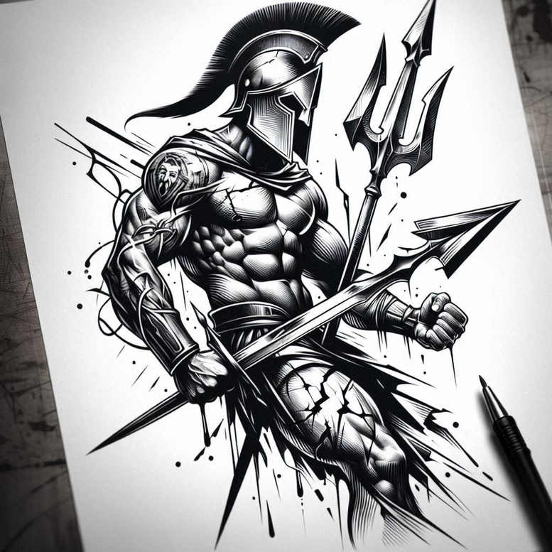 Spartan helmet, cape, and muscular torso with a trident, all in black and grey; AI-generated tattoo project; suitable for a cover-up.
