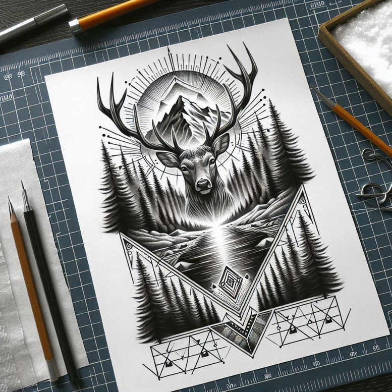 Stag head with antlers, mountain backdrop, pine trees, sun circle, and geometric triangles and diamonds in black and grey; project idea; cover-up suitable.