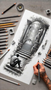 contour-stairs-tattoo – tattoo design ideas free ai generated – realism-contrast-ink – for-upper-back – Gallery: stairs-inkby-ai