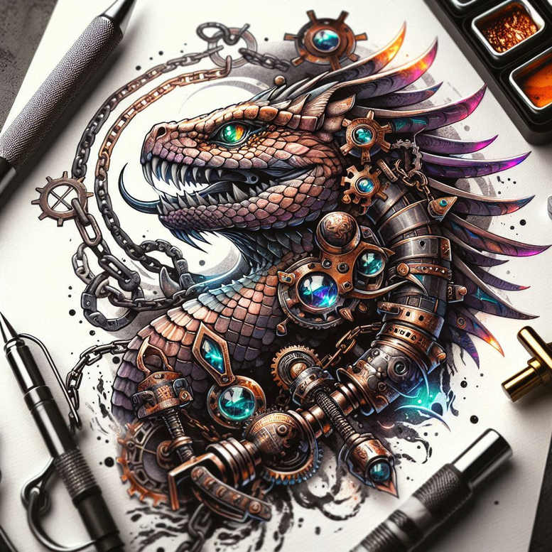 Color Sobek-inspired mechanical dragon tattoo featuring gears, chains, armor plates, tubing, and turquoise gems; bold outlines and shading dominate; concept artwork, cover-up.
