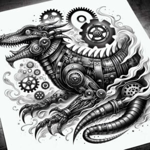 Dragon formed from gears and cog elements with steam in black and grey; a tattoo design project, suitable for a cover-up.