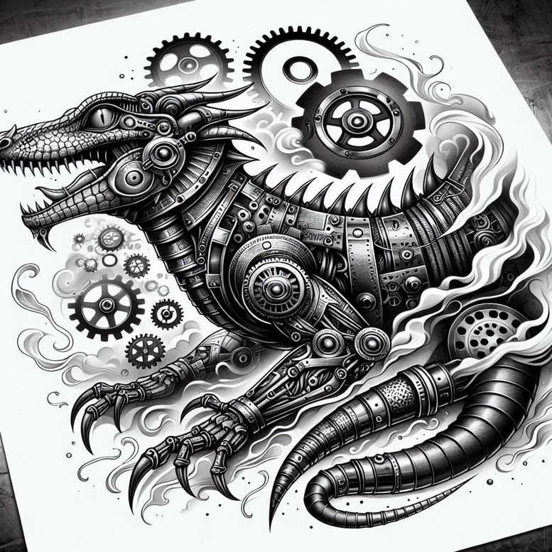 Dragon formed from gears and cog elements with steam in black and grey; a tattoo design project, suitable for a cover-up.