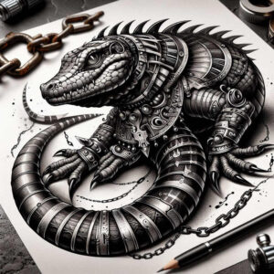 Black and grey dragon with gear, chain, pencil, and paper visible; tattoo design project idea; suitable for a cover-up.