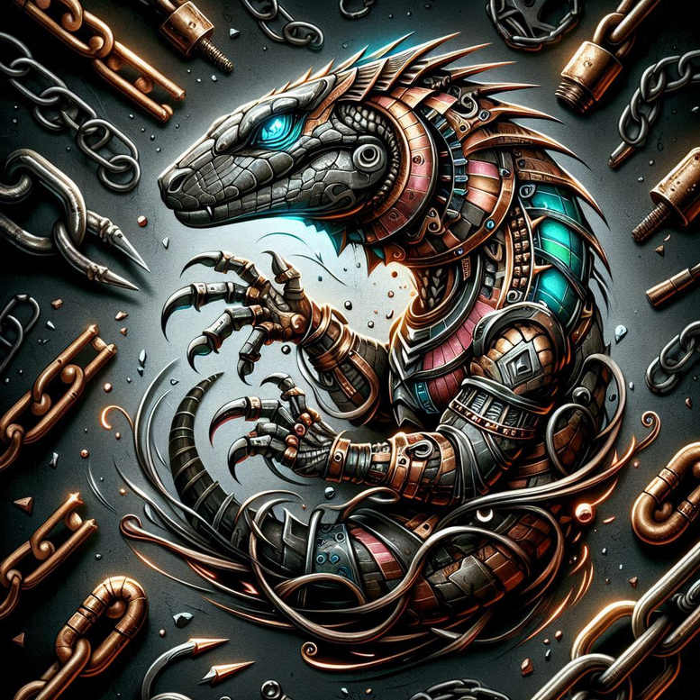 Dragon, gears, chains, bolts, armor plates, glowing blue eye; copper, bronze, teal highlights on a dark backdrop; concept tattoo project, ideal for a cover-up.