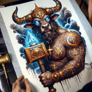 Full color bull with gold crown and ornate armor tattoos, geometric pattern on the torso and limbs, glowing blue eyes, holding a hammer; full-color tattoo project; cover-up-ready.