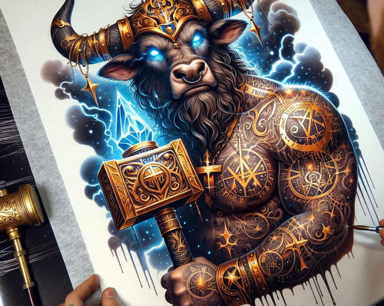 Full color bull with gold crown and ornate armor tattoos, geometric pattern on the torso and limbs, glowing blue eyes, holding a hammer; full-color tattoo project; cover-up-ready.