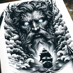 Face of storm god in black and grey with clouds, waves, ship; tattoo design concept, suitable for cover-up.