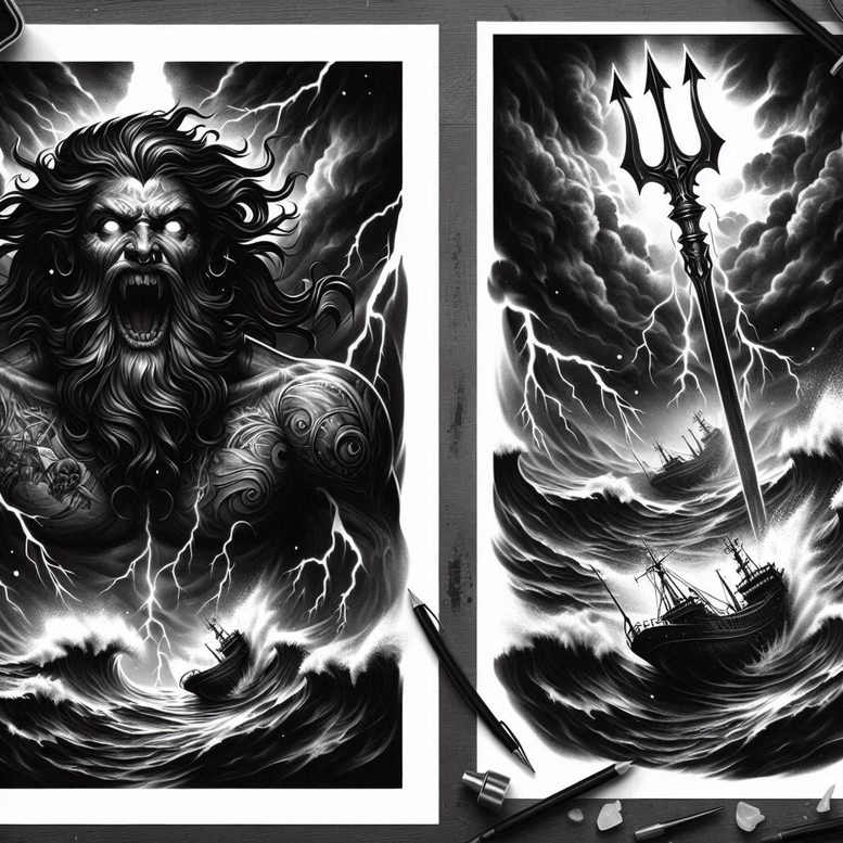 Black and grey two-panel Poseidon tattoo design concept featuring a powerful trident amid crashing waves and storm clouds; this is a project idea and cover-up-ready.