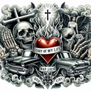 Black and grey tattoo design with a red heart at the center, flames, skull, two cars, banner, cross, angel, skeletal hand, clouds, and lotus; project idea; suitable for cover-up.