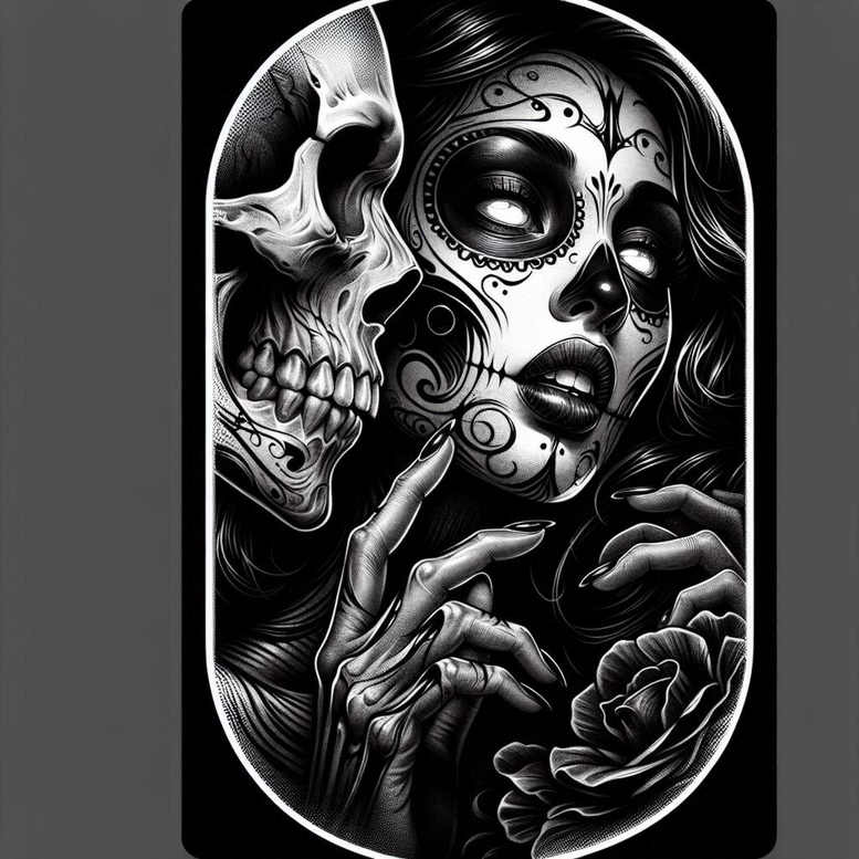 Black and grey sugar skull face with a skeletal skull to the left, hands and a rose in dark hair; cover-up-ready tattoo project.