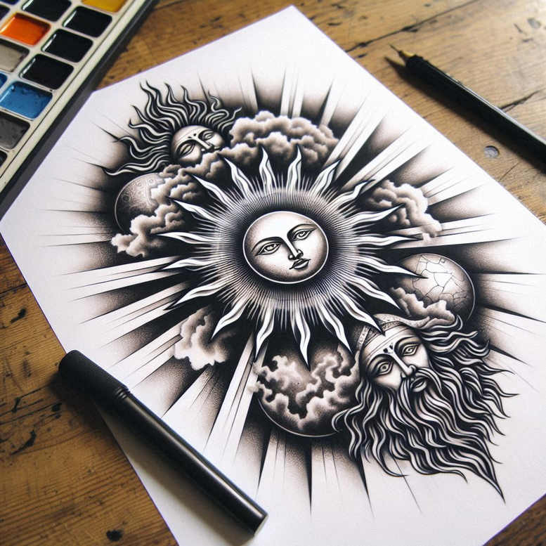 Sun and central face in a black and grey Yahweh sunburst tattoo concept; bold shading and radiating spikes; concept project, cover-up-ready.