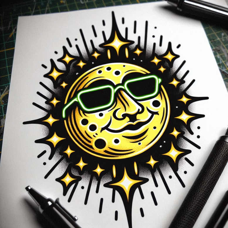 Color tattoo concept of a sun with a smiling face wearing green sunglasses, surrounded by bold black rays on white background; a minimalist color idea for a tattoo project.