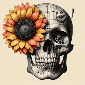 Sunflower beside a black and grey skull with gears; nail visible; colored petals on the sunflower; tattoo project idea; not specifically cover-up.