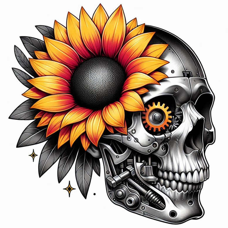 Sunflower with orange petals and a dark center beside a metallic skull with gears; full color; tattoo project; cover-up suitable; pattern