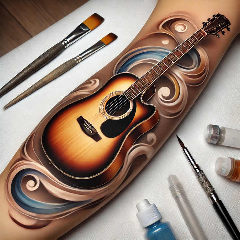 Guitar tattoo on forearm in color with sunburst finish and blue swirls; visible elements: guitar, forearm, brushes, ink bottles; colors: brown, amber, blue; project idea.
