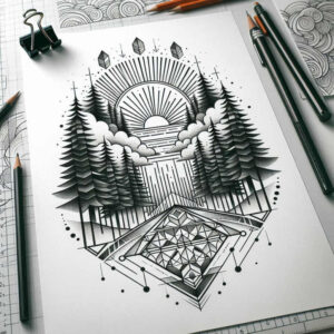 Sun, tree, cloud, mountain, and tile in black and grey; pattern elements; tattoo project concept, cover-up-ready.