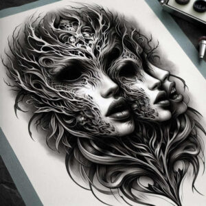 contoured-figure-tattoo – tattoo design ideas free ai generated – ruin – for-upper-thigh – Gallery: surrealistic-characters-inkby-ai